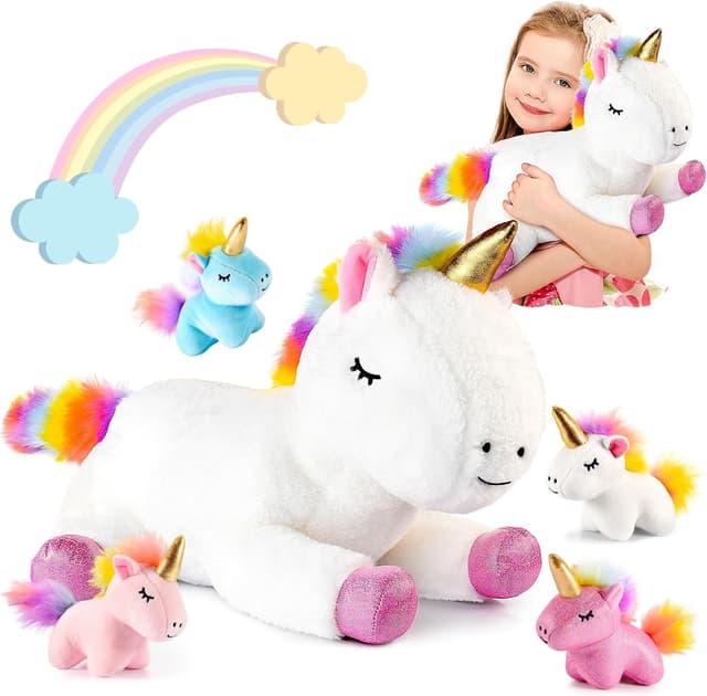 Detalle de Adeokay Einhorn Kuscheltier Geschenk-Set (Einhorn-Mama & 4 Babys) für Mädchen und Jungen von 3 bis 10 Jahren