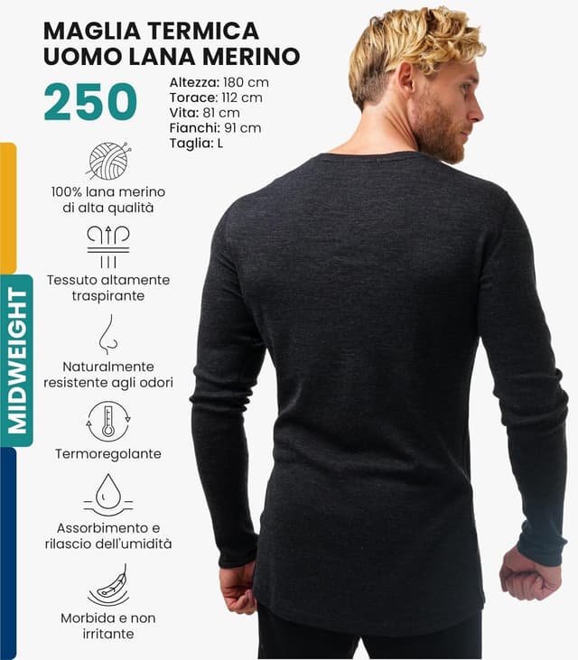 Detalle de Merino.tech Maglia Termica in Lana Merino Uomo 100% (leggero/medio/pesante) con calzini in omaggio