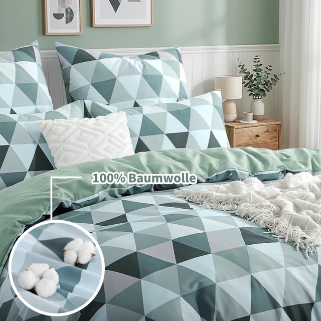 Detalle de RUIKASI Bettwäsche 135x200 Baumwolle 4-teilig (Grün) mit Dreieck-Muster und Reißverschluss