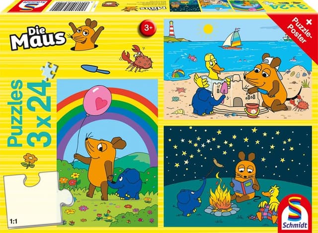 Detalle de Schmidt Spiele 56212 Die Maus „Gute Freunde“ Kinderpuzzle (3×24 Teile), Blau