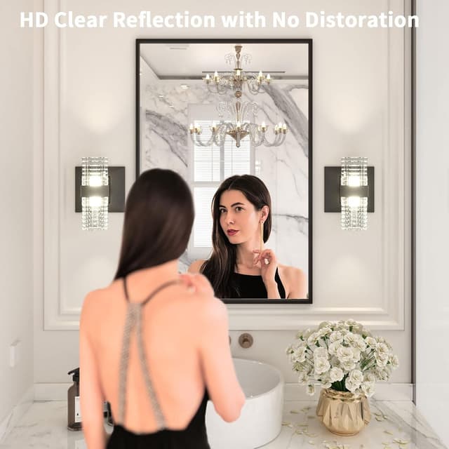 Detalle de LOAAO 24"x36" Matte Black Rectangle Bathroom Mirror (Matte Black Aluminum Alloy Frame)