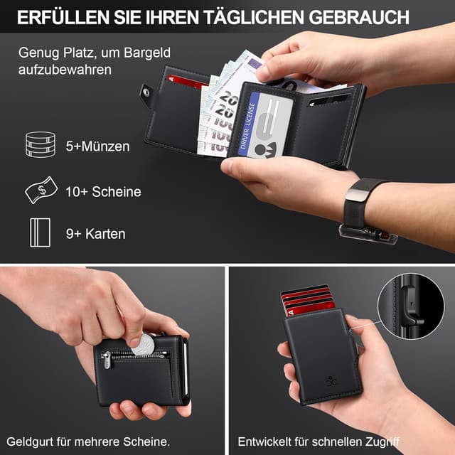 Detalle de Herren-Geldbörse mit Pop-up & RFID-Schutz: Slim Wallet aus 6061-Aluminium (Schwarz)