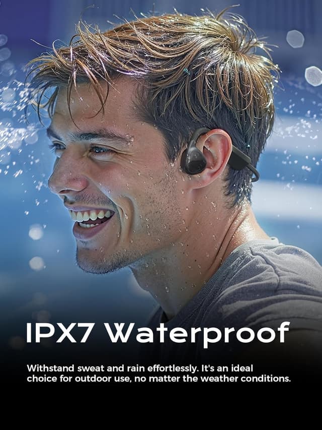 Detalle 2 de Bone Conduction Open-Ear Bluetooth 5.3 Headphones with Mic (IPX7, 12H Playtime) - Glossy Black