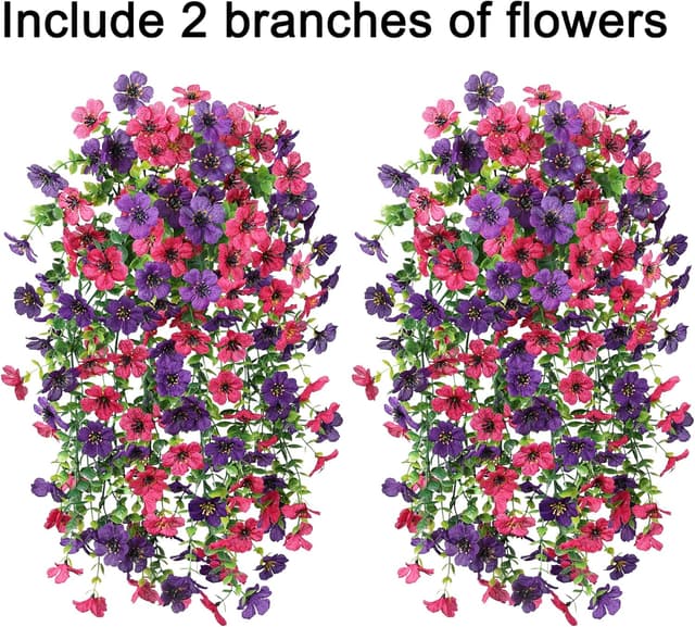 Detalle 2 de HyeFlora 2-Pack UV-Resistant Hanging Artificial Spring Flowers (Purple & Hotpink)