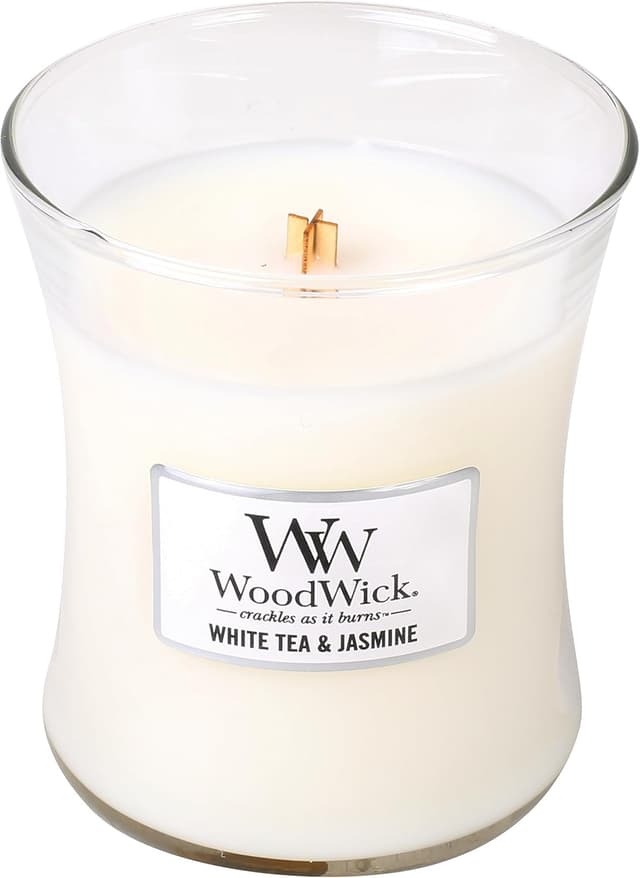 Detalle de WoodWick jarre parfumée moyenne Thé Blanc & Jasmin à mèche en bois crépitante (jusqu’à 60 h)