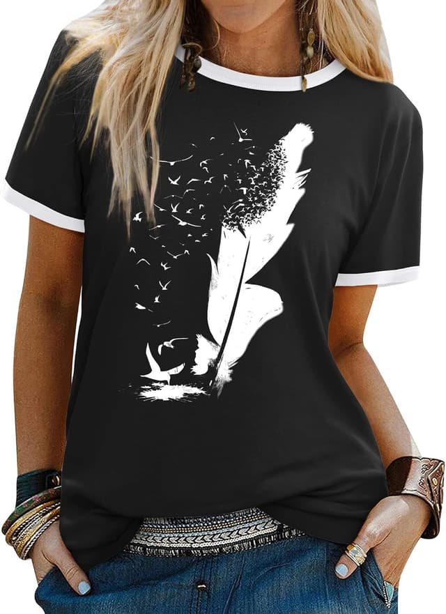 Thumbnail 6 de Dresswel Women Peace Dove Feather Graphic Print T-Shirt (Crew Neck, Short Sleeve)