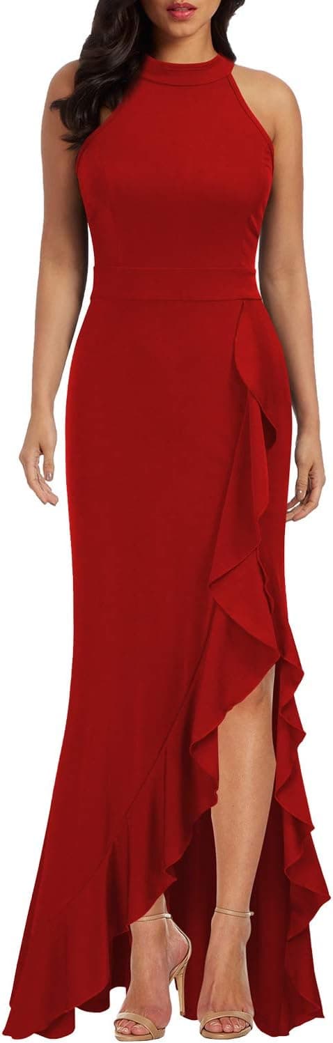Detalle de WOOSEA Women’s High Neck Split Bodycon Mermaid Evening Dress with Wrap Waist