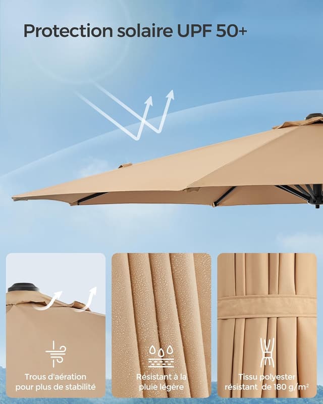 Detalle de Parasol de jardin SONGMICS 300 cm UPF 50+ pivotant à 360° avec inclinaison et manivelle