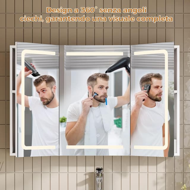 Detalle de Mojiasion Specchio Bagno con Contenitore LED, Presa Elettrica e 3 Ante 90x16x60 cm bianco