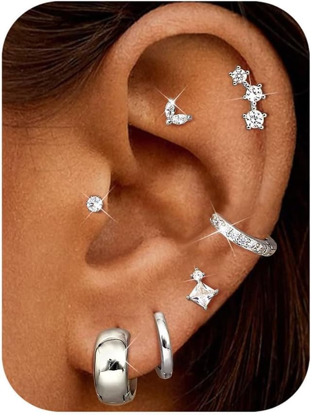 Detalle de Roheafer 7 Paar Ohrringe-Set für Damen mit 14K vergoldeten Creolen & Ohrsteckern (hypoallergen, chirurgischer Stahl)