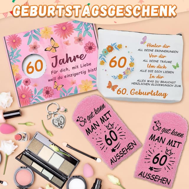 Thumbnail 6 de WAMIOKAGRO Geschenk-Set zum 60. Geburtstag für Frauen: Kosmetiktasche, Socken & Schlüsselanhänger