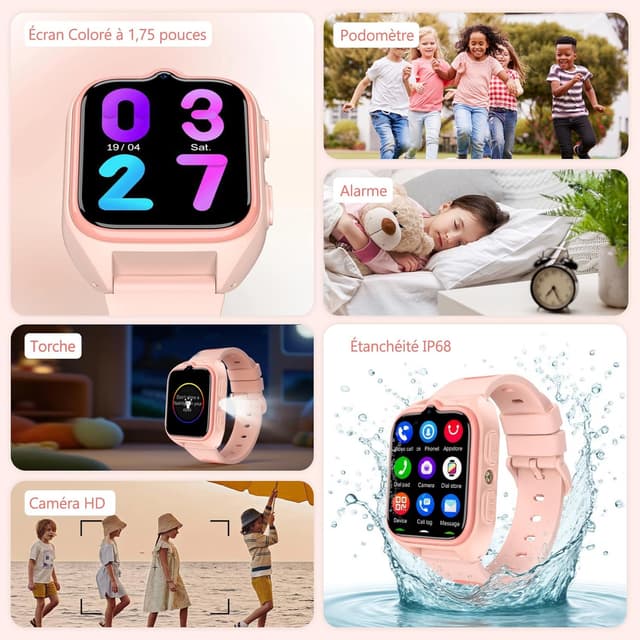 Detalle de IOWODO Montre connectée enfants 2025 4G LTE (SIM nano) avec GPS, SOS et appels vidéo – Rose, 5 à 12 ans