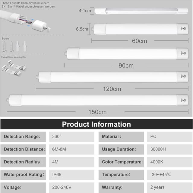 Thumbnail 6 de LEOEU 3er-Set LED Feuchtraumleuchte 30 W mit Bewegungsmelder (IP65, 90 cm, 3300 lm)
