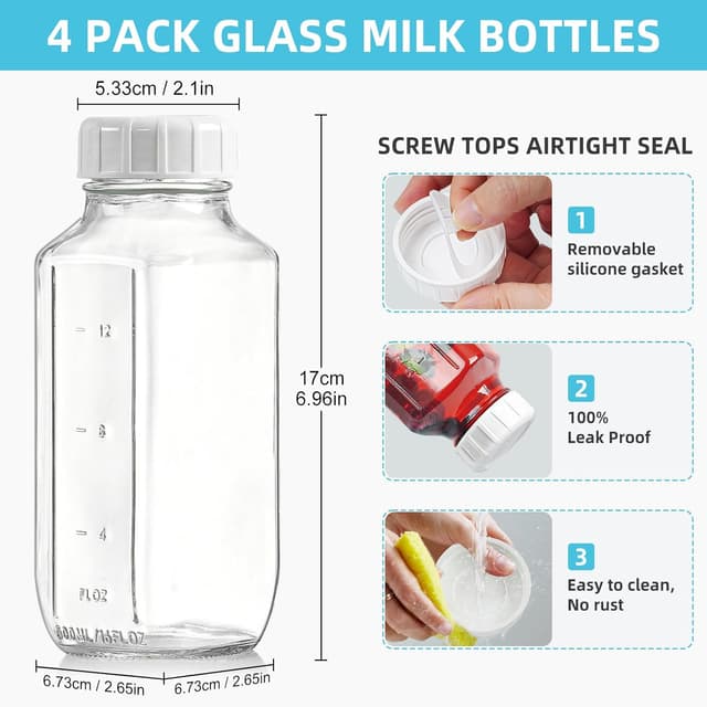 Detalle de Absovetu 4 Pack Glass Juice Bottles with Airtight Lids, 500 ml (16oz) reusable glass milk and drink containers