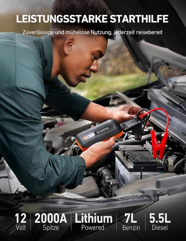 Detalle de AstroAI B8 Starthilfe Powerbank für 12V Autos & Motorräder (für 7,0 L Benzin / 5,5 L Diesel) mit LED