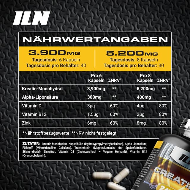 Detalle 2 de ILN Creatin Kapseln – 5.200 mg Kreatinmonohydrat pro Tag, 240 vegane Kapseln