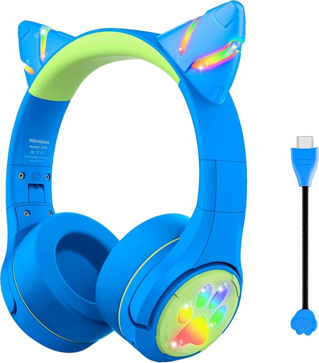 Detalle de Riwbox Kids Bluetooth Headphones CF9 with Cat Ear LED Lights, Detachable 360° Boom Mic and 85dB Limit (blue & green)
