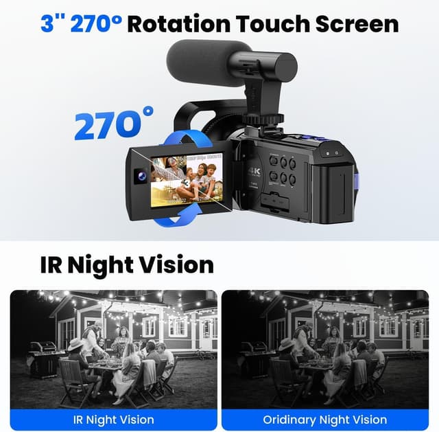 Detalle 2 de Caméscope 5K double objectif Wi‑Fi pour vlogging, écran tactile 3 pouces 270° et vision nocturne IR