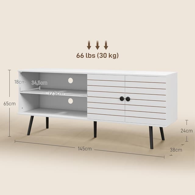 Thumbnail 6 de HOMCOM Meuble TV blanc pour téléviseur jusqu’à 65 pouces, 2 compartiments ouverts et étagère réglable