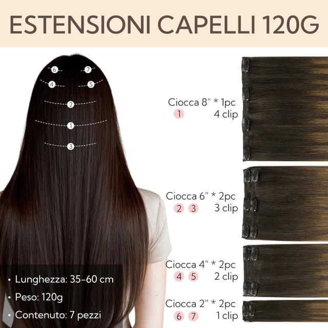 Detalle de HOTBANANA Extension Capelli Veri Clip Remy 45 cm 7 pz Castano scuro e biondo sporco evidenziato