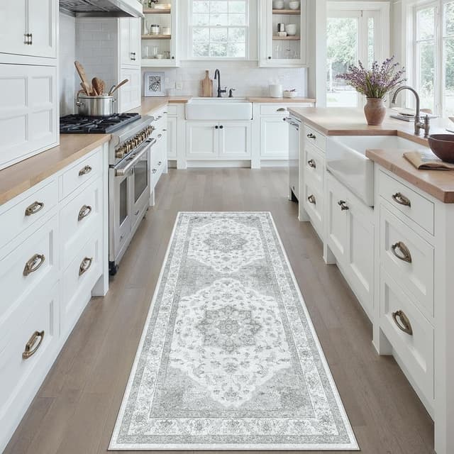 Detalle de PureCozy Vintage Grauer Teppich als Flur Läufer (60x180 cm) – waschbar, kurzflorig, rutschfest