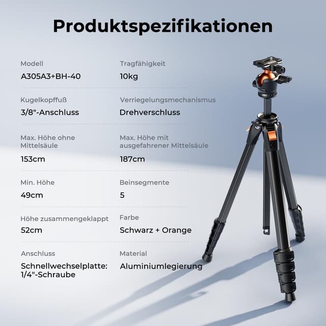 Thumbnail 6 de K&F CONCEPT A305A1+BH-40 Stativ 187 cm