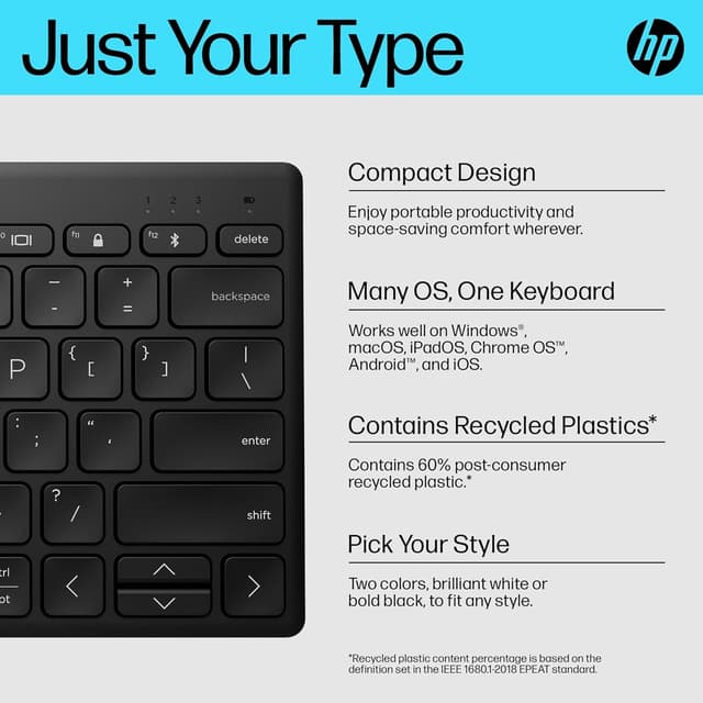 Detalle 2 de HP 350 Compact Bluetooth Keyboard (Black) — connect up to 3 devices with Bluetooth 5.2