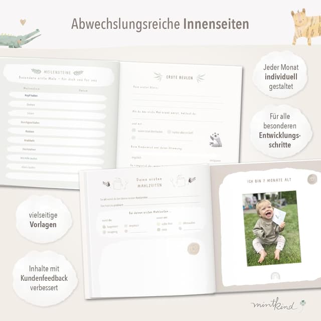 Detalle de mintkind® Mein erstes Jahr Babyalbum Salbei – sanftes Babytagebuch mit 176 Seiten & Sticker-Set (Hardcover, 21 x 21 cm)