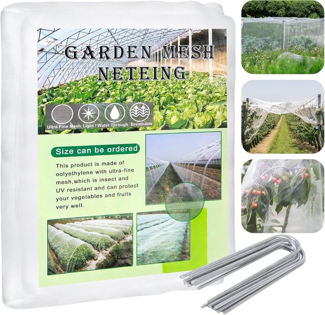 Detalle de Fine Mesh Garden Netting for Veg Patch & Plants 3x6m with 15 U-shaped pegs (White reusable insect netting)