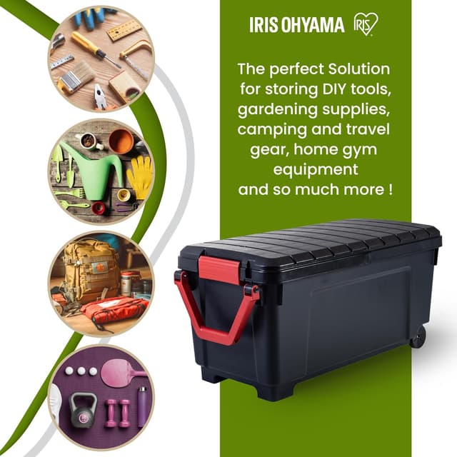 Detalle de Iris Ohyama SIA-1000: scatole pieghevoli da 170L in plastica nera, impilabili e pensate per garage e scaffali