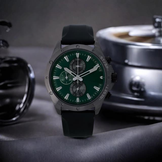 Detalle de NUOVO Herren Analog-Quarzuhr mit Chronographen-Design und grünen Zifferblatt (Silikon- oder Lederarmband)