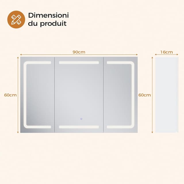 Detalle de Mojiasion Specchio Bagno con Contenitore LED, Presa Elettrica e 3 Ante 90x16x60 cm bianco