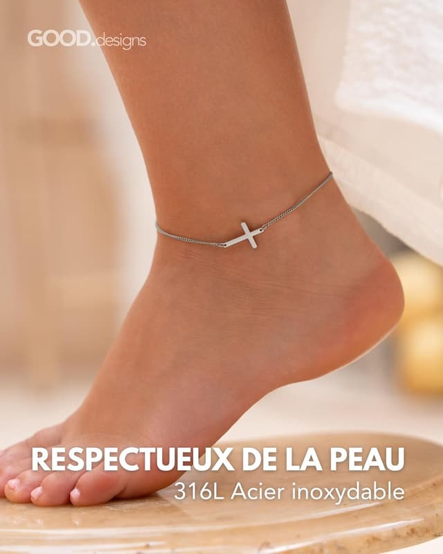 Detalle de Damen-Fußkette mit Kreuz-Anhänger aus 316L Edelstahl, 18K vergoldet (Gold/Roségold/Silber), wasserfest & verstellbar (22–27 cm)