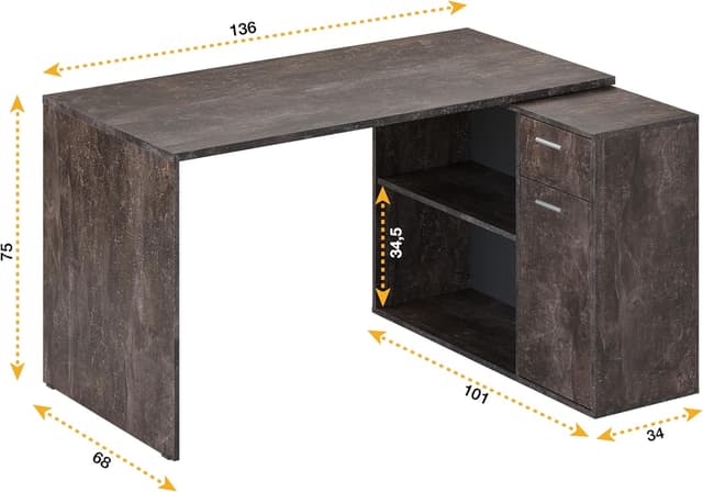Detalle de RICOO Eckschreibtisch mit Stauraum in Betonoptik (WM083-BG) – L-Form mit Schubladen, 136×101×75 cm