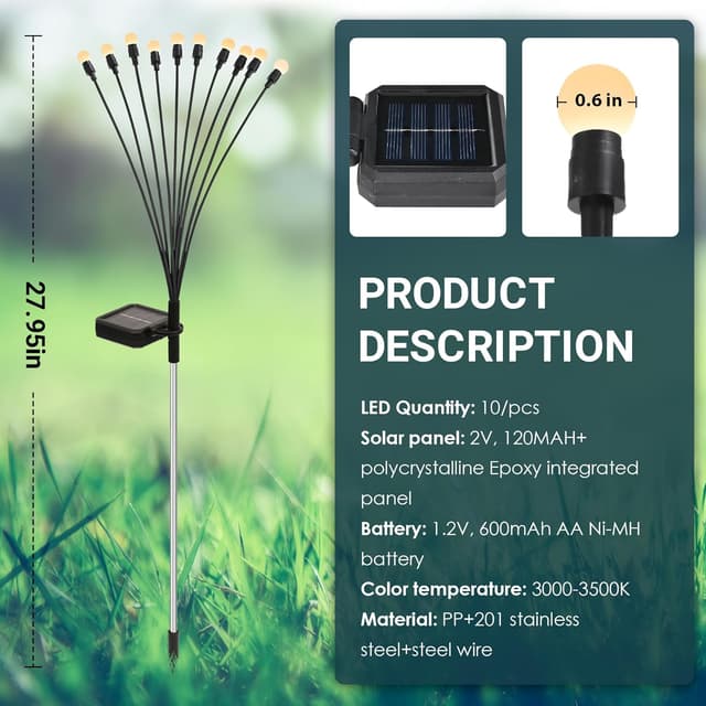 Detalle 1 de PATIOPIA Solar Lights Outdoor Garden (8 Pack, 80 Warm White LEDs) – Waterproof firefly-style pathway lights