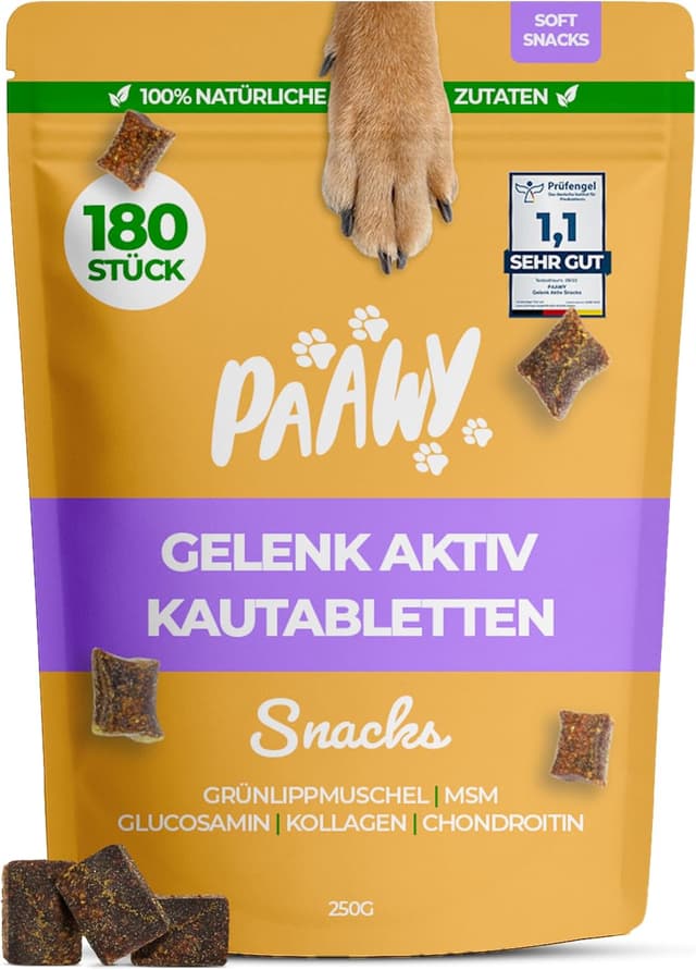 Detalle de Paawy Gelenktabletten für Hunde (180 Stück) mit Grünlippmuschel, MSM, Glucosamin & Chondroitin