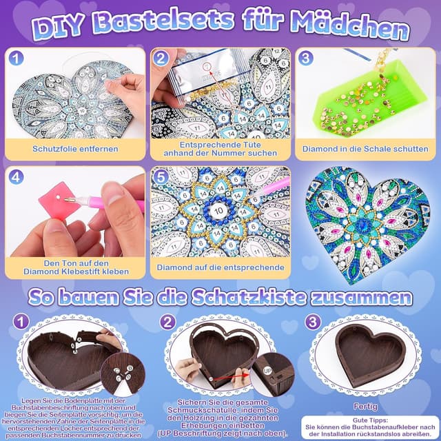 Detalle de Flnlano „Geschenke für Mädchen 6–10 Jahre“: Diamond-Painting Bastelset für Schmuckkästchen mit Spiegel