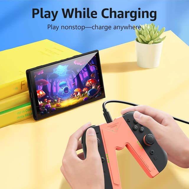 Detalle de JEMDO Magnetic Switch 2 Charging Grip for Joy Con 2 (Orange) – LED ergonomic controller grip with USB-C cable