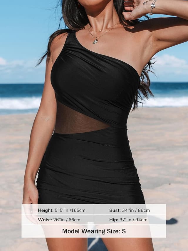 Detalle de Costume da bagno intero donna con collo asimmetrico e monospalla increspata in rete laterale