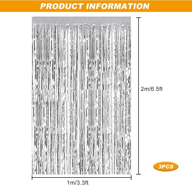 Detalle de YYTOL Glitter Foil Fringe Curtain Backdrop (3 pcs) – silver foil tinsel door backdrop