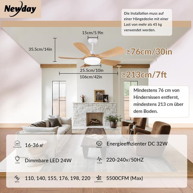 Thumbnail 6 de Newday Deckenventilator mit Beleuchtung (106 cm, Holzoptik) & Fernbedienung – dimmbar, DC-Motor, reversibel