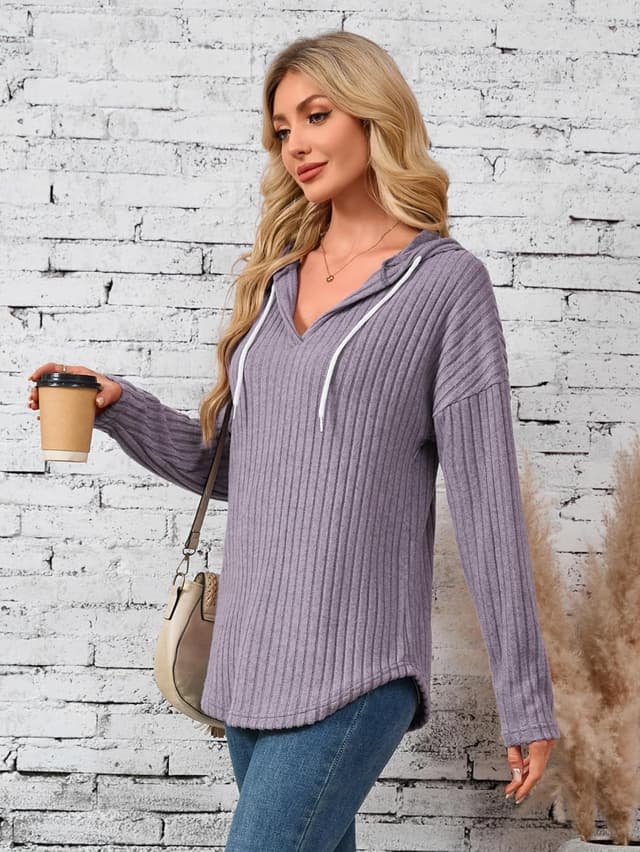 Detalle de Famulily Lightweight V-Neck Hooded Jumper for Women – Soft, Breathable Layering Hoodie