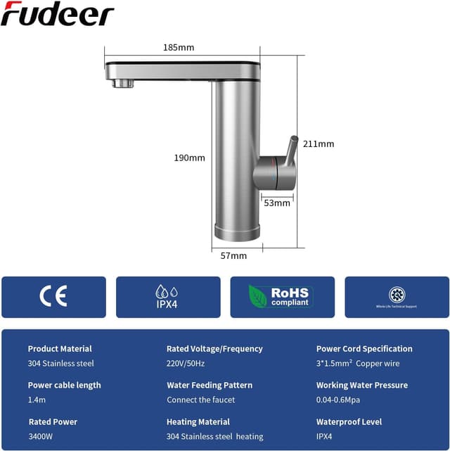 Thumbnail 6 de Fudeer Instant Hot Water Faucet 220V (3.3KW) — electric bathroom tap with digital display, 30–45℃