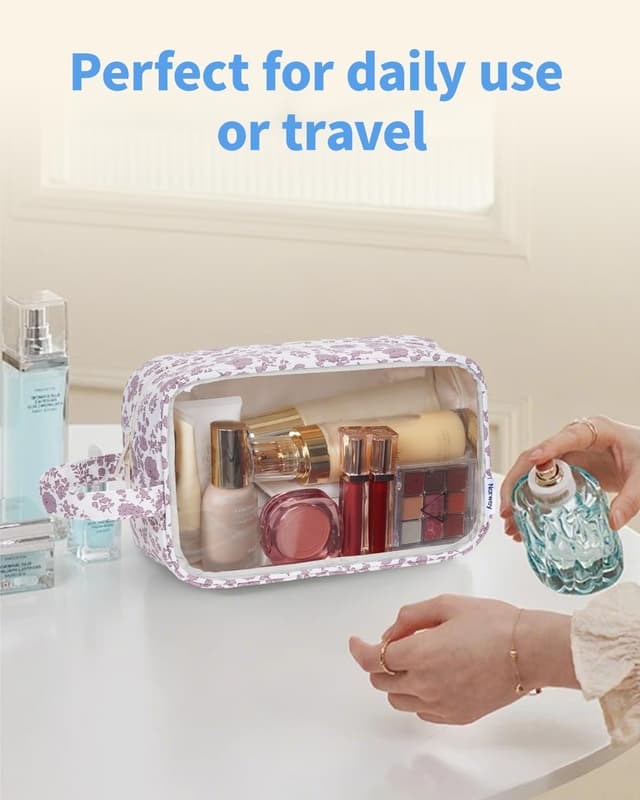 Thumbnail 6 de Narwey Clear Travel Toiletries Bag (Dusty Pink Flower) – Large capacity clear wash bag for women & men