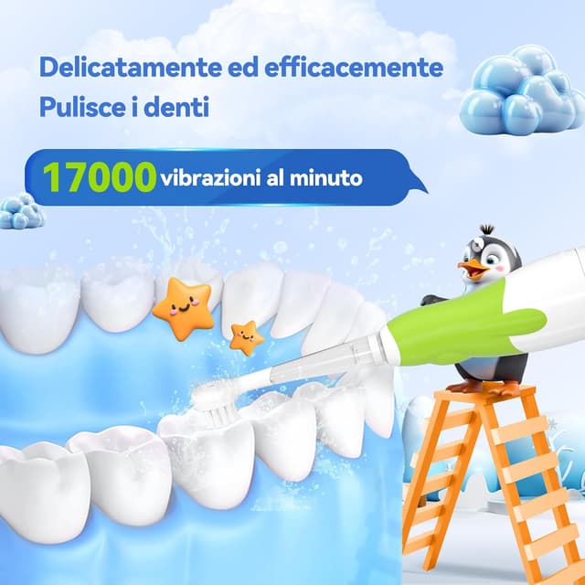 Detalle de Spazzolino Elettrico Bambini 0-6 anni a forma di pinguino con LED, timer 2 minuti e 4 testine (base a ventosa) 513 Blu/Verde