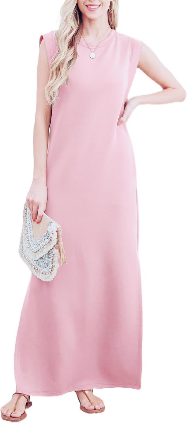 Detalle de GRECERELLE women’s summer maxi dress with split, pockets and sleeveless round neck