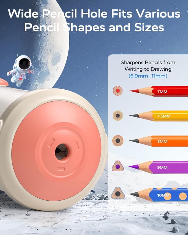 Detalle 2 de JUPITEARTH Electric Pencil Sharpener for Kids (Hands-Free, Rechargeable, Spaceship design) – Fits 6.9–11mm pencils