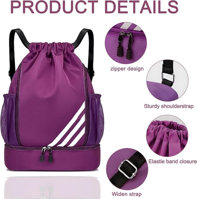 Detalle de Kids & Adults drawstring swimming bags – waterproof gym drawstring backpack with shoe compartment (Purple)