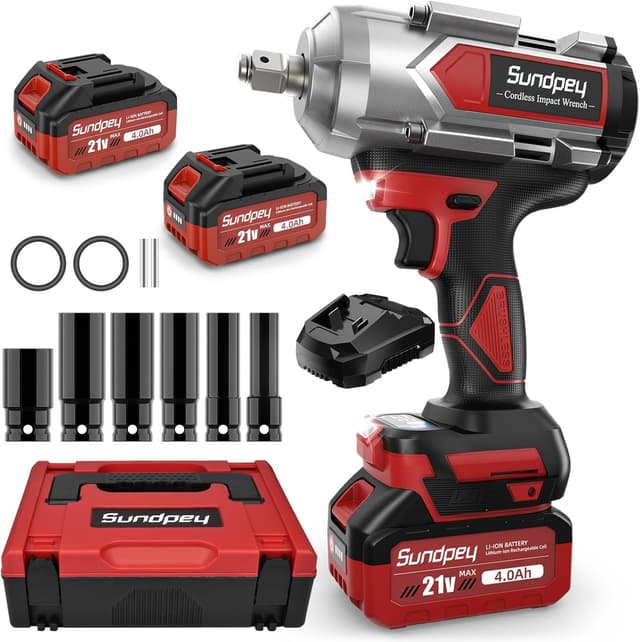 Detalle de Sundpey Cordless Impact Wrench 1200N·m (900Ft-lbs) 1/2in with 2 x 4000mAh batteries