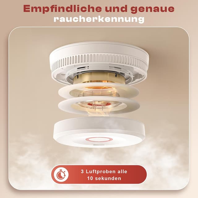 Detalle de Rauchmelder mit 10-Jahre-Batterie (DIN EN 14604, 6er-Set) inkl. Magnethalter und Klebepads